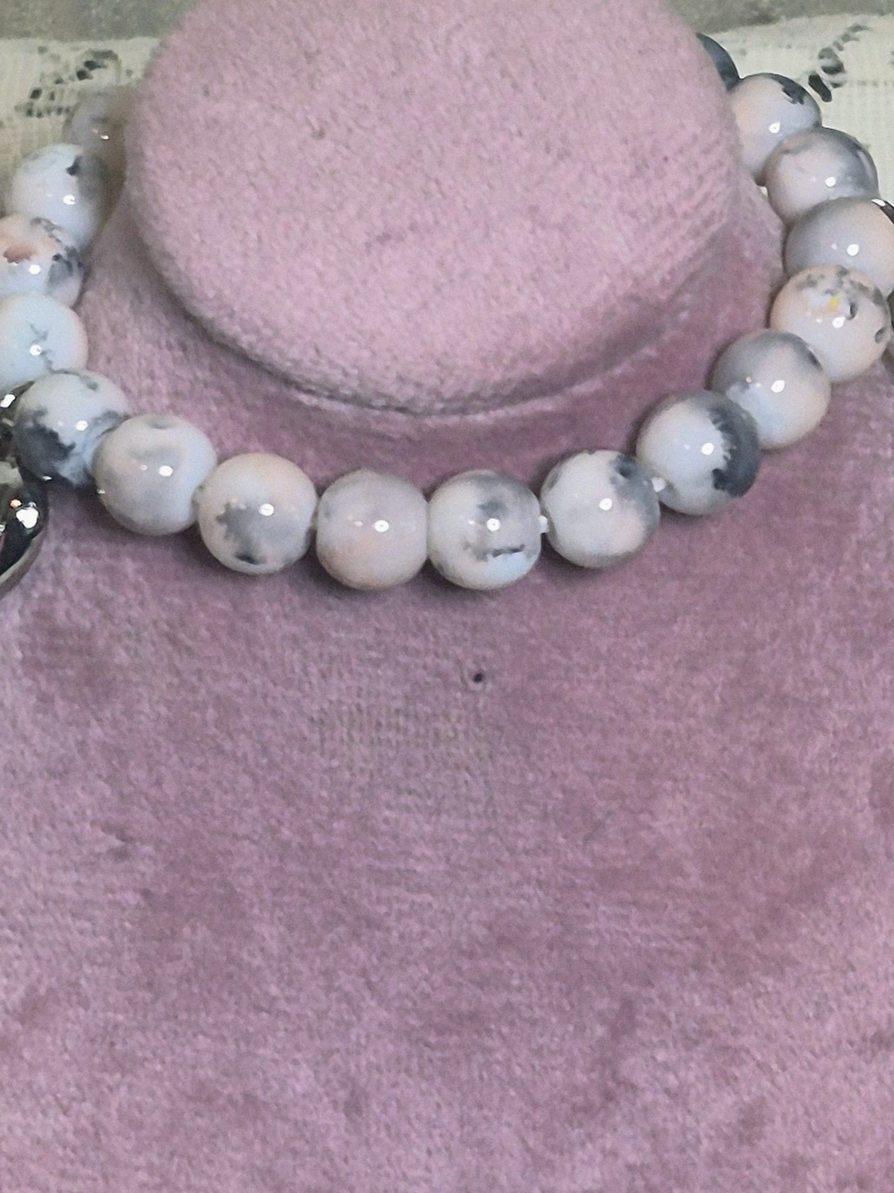 Handmade Pink Zebra Jasper Gemstone Heart Charm Bracelet - Fits 6" to 7.5"